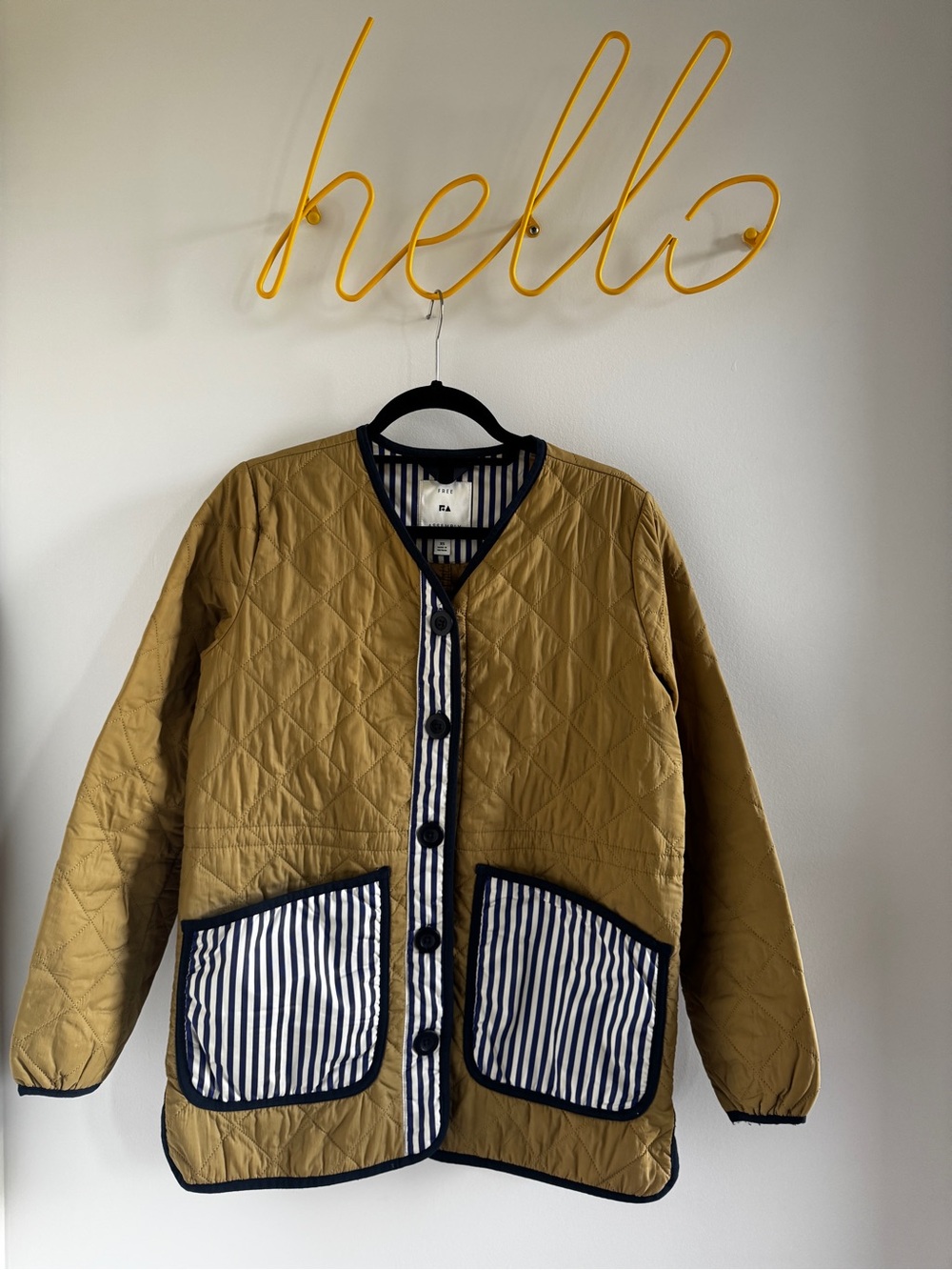 Quilted Jacket with Striped Pocket Trim - Olive